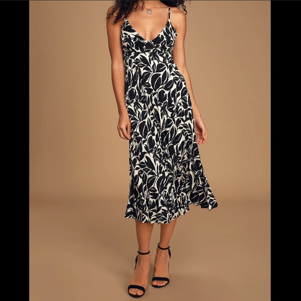 Admiring You Black and White Floral Print Pleated Midi Dress